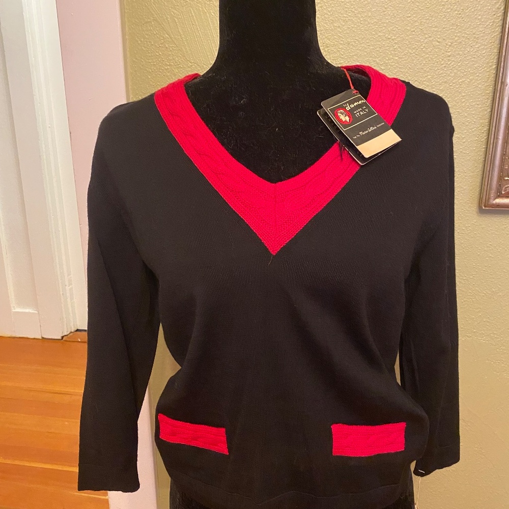 Vintage Italian “Damon ITALY” Sweater – Black with Red Trim - Picture 2 of 7